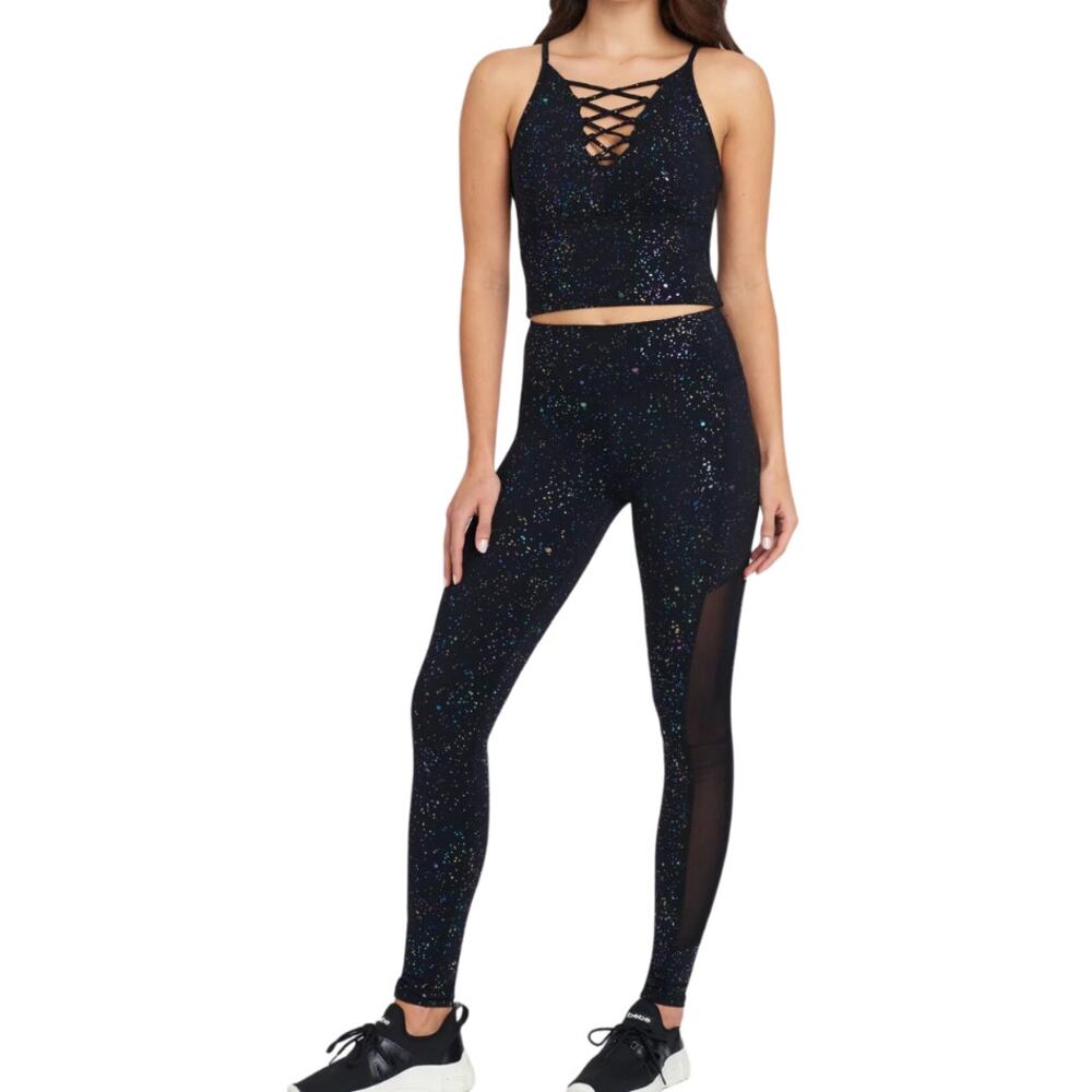 BEBE Black Metallic Splatter Sheer Mesh Performance Leggings Medium 6 8 NEW